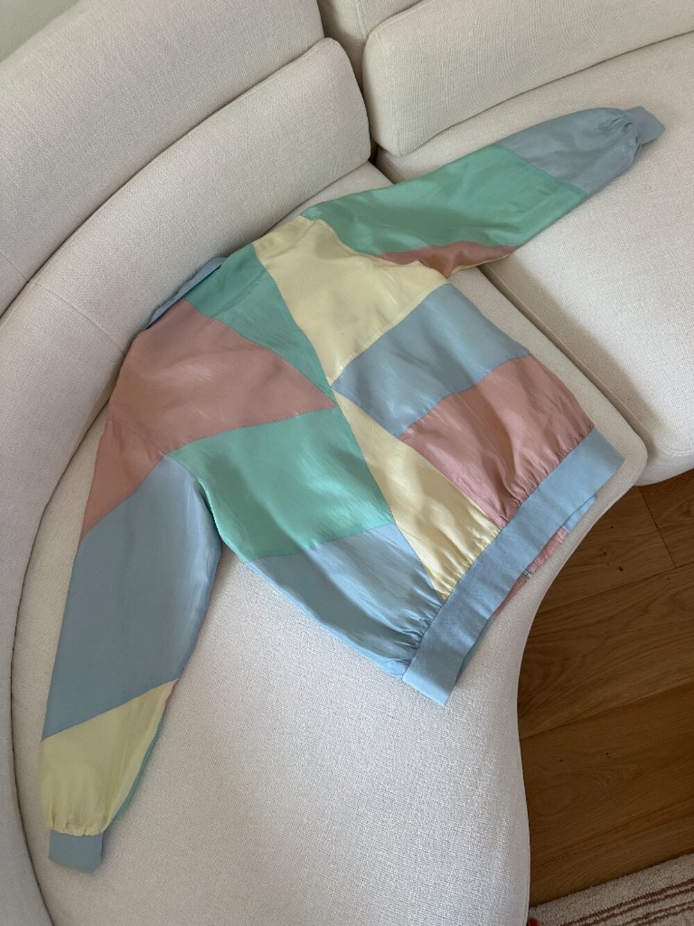 Vintage 80s Blair 100% Silk Pastel Color Block Bomber Jacket Oversized Small - Picture 6 of 14
